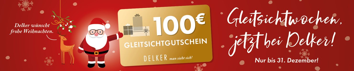 Der Weihnachtsmann präsentiert den 100€ Delker Gleitsichtgutschein. Nur bis 31.12.2025.