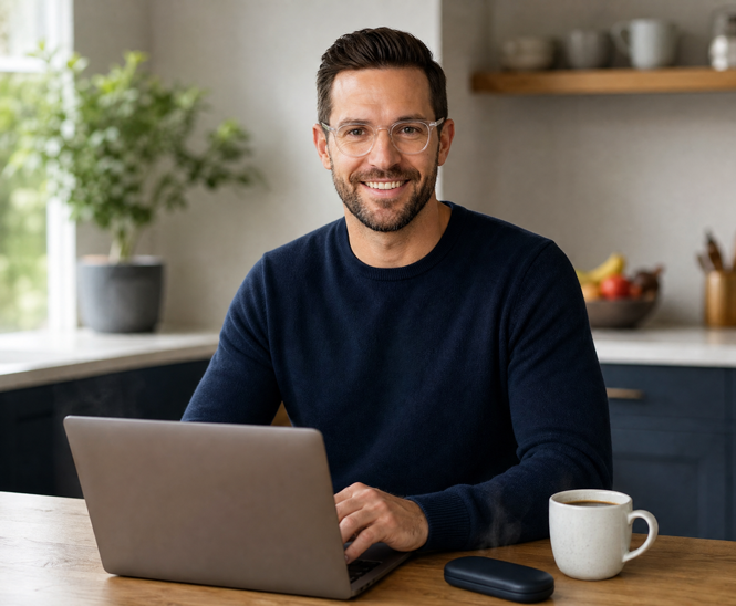 Mann mit Kopfhörer vor Laptop